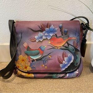 Anuschka “Blissful Birds” Handpainted Leather Messenger Style Crossbody Bag